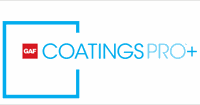 Illustration of the GAF CoatingsPro+ contractor mark: a light blue outlined wordmark reading Coatings Pro plus.