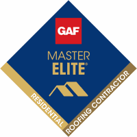 Illustration of the GAF Master Elite contractor mark: a dark blue shield with a gold border reading GAF Master Elite.