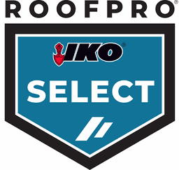 Illustration of the IKO ROOFPRO Select contractor mark: a teal and black shield reading ROOFPRO Select above the IKO logo.
