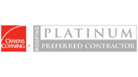 Illustration of the Owens Corning Platinum Preferred Contractor mark: a grey and white wordmark reading Platinum Preferred Contractor.